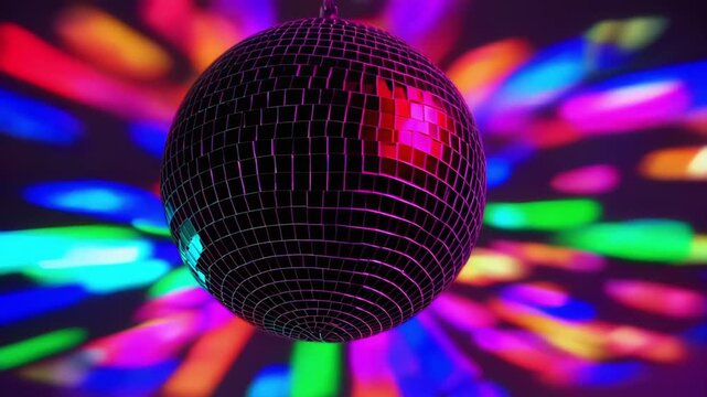 A dazzling disco ball spins gracefully, casting a vibrant explosion of colorful lights across the room. This nostalgic scene captures the lively energy of a classic dance floor, evoking joy and excite