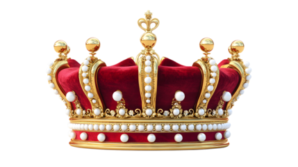 Beautiful golden crown with red velvet isolated on a transparent background