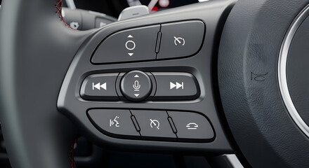 Art of closeup of car steering wheel with media and controls isolated on transparent background
