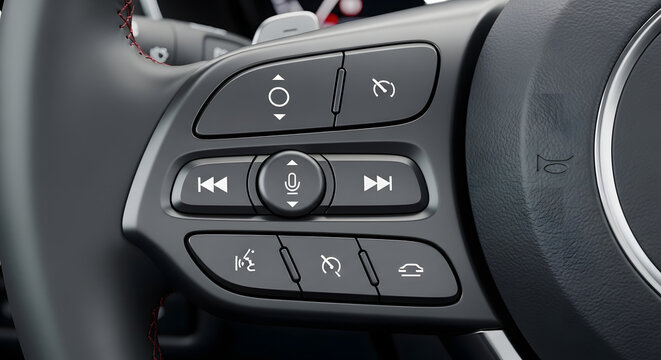 Art of closeup of car steering wheel with media and controls isolated on transparent background