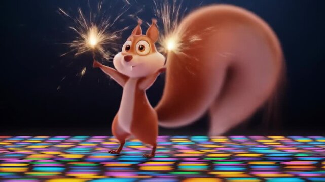 Cartoon Squirrel Dancing with Sparkles on Lighted Dance Floor