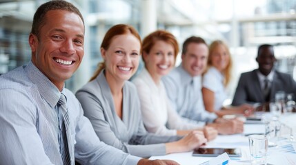 Obraz premium diverse group of smiling businesspeople sitting together around a table in an office boardroom discussing paperwork no logos no brands ar 169