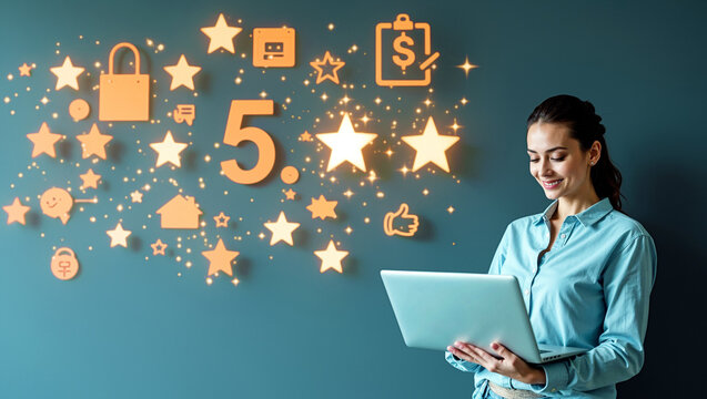Woman smiling while using laptop in modern office environment. Bright blue wall adorned with glowing business icons and stars. Concept of digital marketing, entrepreneurship, technology