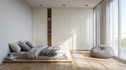 shot of a modern womans bedroom with bright wooden floor no logos no brands ar 169