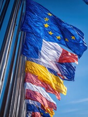 european flags waving against blue sky in the morning