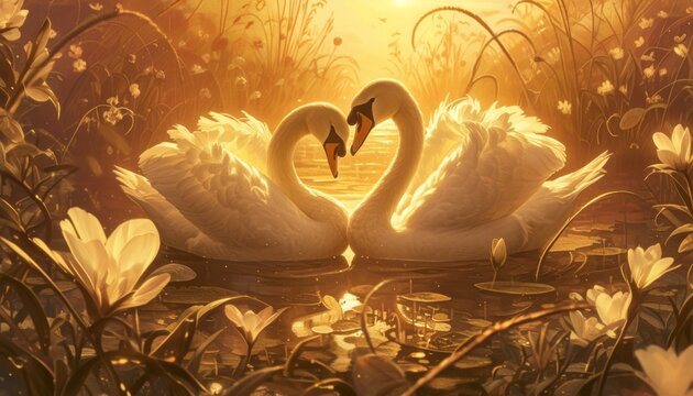 A devoted pair of black swans kiss in the shape of a heart against a nighttime lake and nest.
