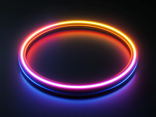 Obraz premium Glowing neon oval ring with pink and orange hues isolated on a black background, 3D render