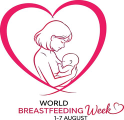 World Breastfeeding Week Campaign Illustration: Tender Silhouette of Breastfeeding Mother and Child in Pink Heart Frame with “1–7 August” Ribbon Banner, Celebrating Maternal Health and Global Advocacy