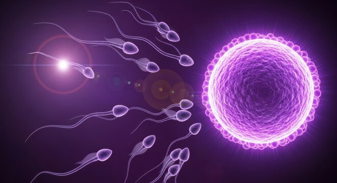 Microscopic view of sperm cells swimming towards an egg cell, illustrating the process of fertilization and the beginning of life