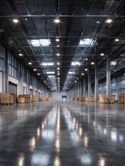 Fototapeta premium modern industrial warehouse with polished flooring and bright lighting in a spacious facility