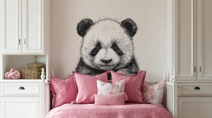 panda drawing on wall above white cabinet in girls bedroom with pink pillows on bed no logos no brands ar 169