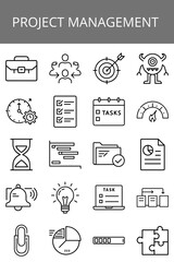Project management icons collection featuring essential tools and concepts in a minimalist design