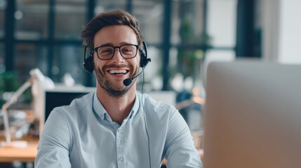 smiling businessman with headset interacting in his office no logos no brands ar 169