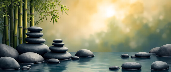 Basalt stones are stacked near bamboo in still water creating a peaceful scene. Gentle golden hues fill the background. Concept of wellness, relaxation, nature therapy