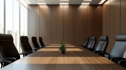 Modern Conference Room with Sunlight, Wooden Table, and Leather Chairs