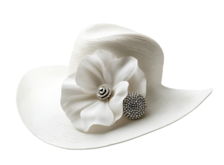  White wide-brimmed hat with a large flower and diamond pin, on a white background. 