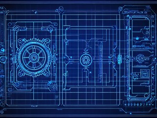 Futuristic blue digital interface with HUD elements and technical diagrams