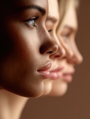 Fototapeta premium beautiful girls caucasian and poc faces in a row side view natural looking banner for beauty skin body care bio eco cosmetics concept
