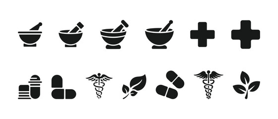 Pharmacy and Herbal Medicine Icon Set Mortar and Pestle, Syringe, Pill Bottle, Herbal Symbols Vector.