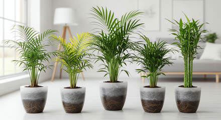 Fototapeta premium Five areca palm plants in pots isolated on white background