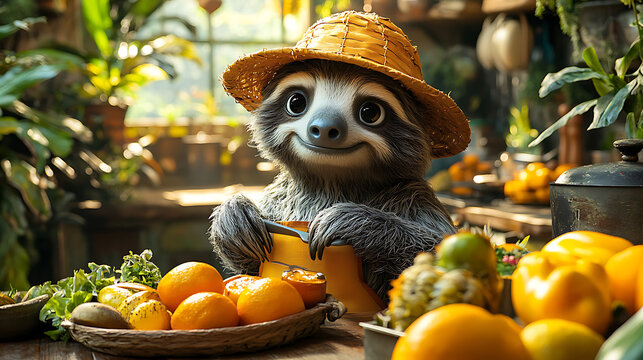 Adorable Sloth Farmer with Fresh Tropical Fruits in a Sunny Greenhouse