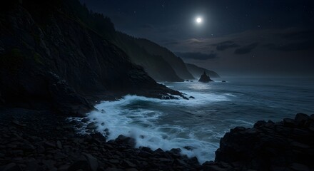 Obraz premium Moonlit Ocean Waves Crashing on a Rocky Shoreline at Night under Starry Skies