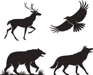 A black vector collection of wild animal silhouettes including a deer, horse, and wolf
