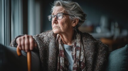 retired unhappy woman at home lonely serious senior woman holding wooden walking stick and looking through the window moody and upset grandmother sitting on couch in nursing home no logos no brands a