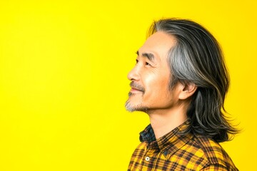 Trendy men's curtain bangs haircut - midlife asian man with long hair. Creative of style for aging men. A man with a soft expression in a peaceful setting. Yellow solid background.