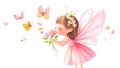 Cute little fairy girl with wings isolated on a transparent background