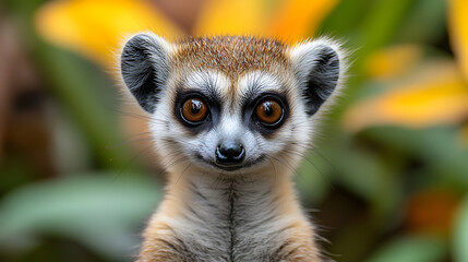 Naklejka premium Adorable Young Lemur Portrait with Blurry Yellow-Orange Background