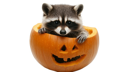 Cute raccoon sitting inside a carved pumpkin isolated on a transparent background