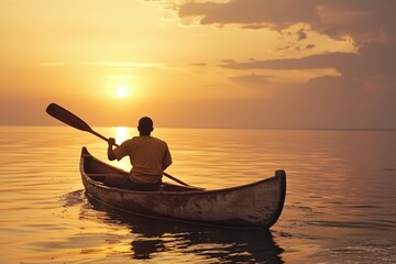 A fisherman on Lake Malawi paddling a traditional wooden canoe at sunrise, casting his net into the calm, golden water