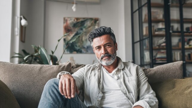 portrait of handsome mature man relaxing on couch at home while looking at camera mixed race man in casual clothing sitting on sofa and smiling with copy space successful happy middle eastern guy no 