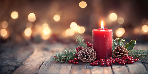 Festive Christmas candle with red berries and pinecones on a wooden table