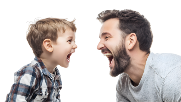 Father and son screaming isolated on a transparent background