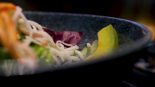 budda bowl noodles vegetable salad tasty fresh gourmet food background table rustic food top view copy space vegetarian and vegan food. High quality 4k footage