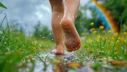 Children's bare feet run through puddles after the rain on a green lawn with dandelions.
