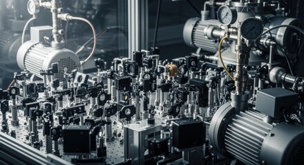 Optical satellite laser terminal bench setup with vacuum pumps visible maintaining low pressure environment for contaminantfree alignment.