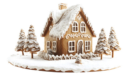 Gingerbread house with snow isolated on a transparent background