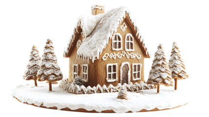 Gingerbread house with snow isolated on a transparent background