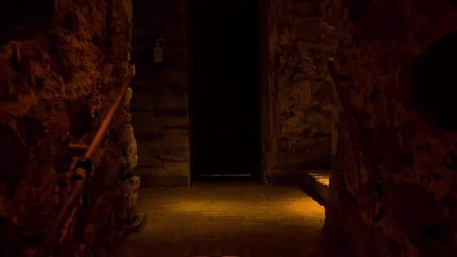 Warm light illuminates stone steps and a closed wooden door in a mysterious underground passage, creating an atmosphere of suspense and intrigue