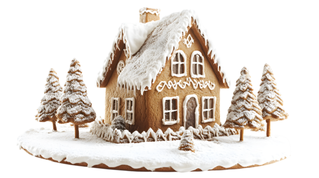 Gingerbread house with snow isolated on a transparent background