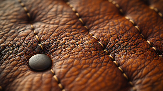 Close-up of Brown Quilted Leather Texture with Metal Stud