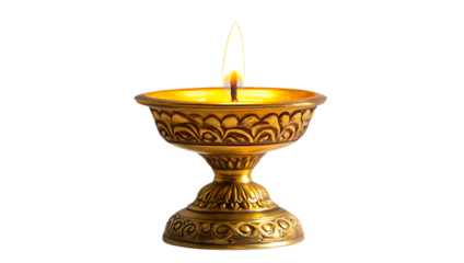 Golden diya lamp with flame isolated on a transparent background, a traditional object