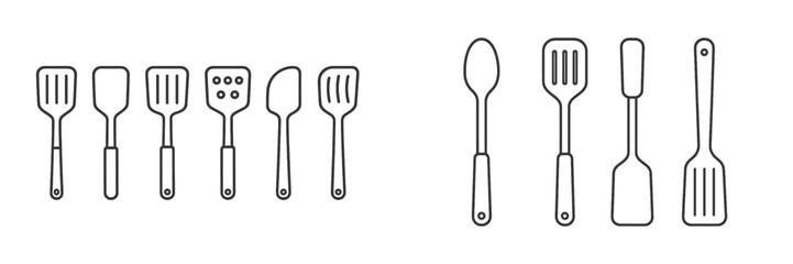 Various kitchen spatulas and utensils arranged in a neat order showcasing different designs and functions