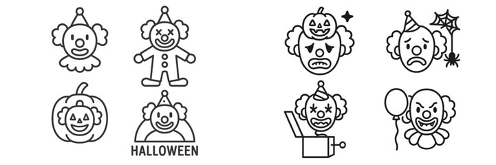 Fun and spooky clown illustrations for Halloween celebrations featuring various expressions and themes