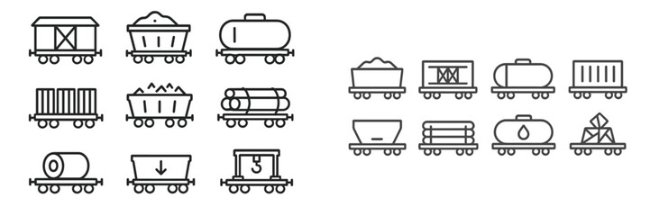 Various types of cargo trains displayed in simple black and white illustrations for educational purposes © PAPA STOCK