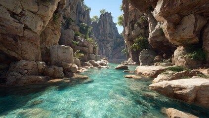 Serene River Canyon with Clear Water and Towering Rock Formations