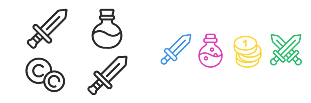 Fototapeta Various game elements including swords, potions, and coins for fantasy adventure gameplay